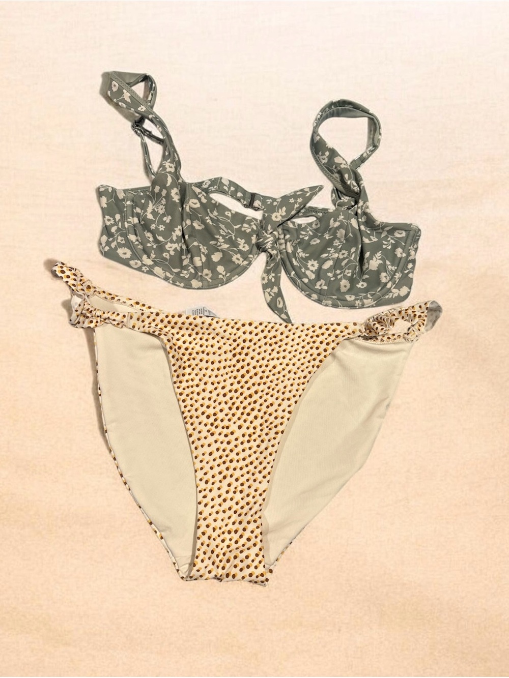 Floral Tie-Front Bikini Top & Dotted Bikini Bottom Set - Green & Cream